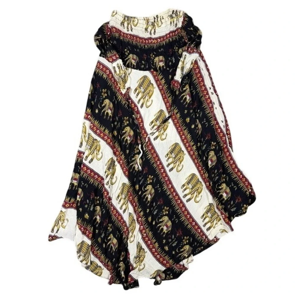 Unbranded Elephant Print‎ Smocked Boho Maxi Skirt Dress Black White Red 017